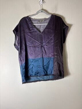 Go by Go Silk Color Block Navy Blue V Neck Top Sz M